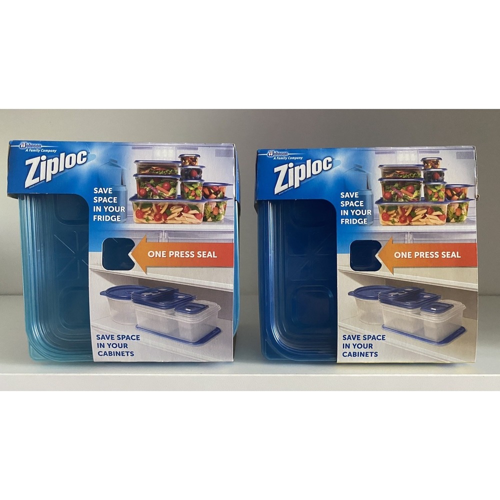 TWO Packs Ziploc Container Small Square 4Ct,  Clear Blue Stackable Storage = 8